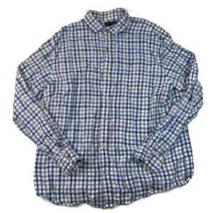 Lands End 100% Linen Button Shirt XL Long Sleeve Mens Blue Gray Plaid‎ 17 17.5